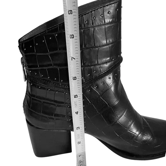 Donald J. Pliner Gemini Crocodile Black Block Heel Ankle Boot Silver Studded 8.5 - Picture 12 of 13